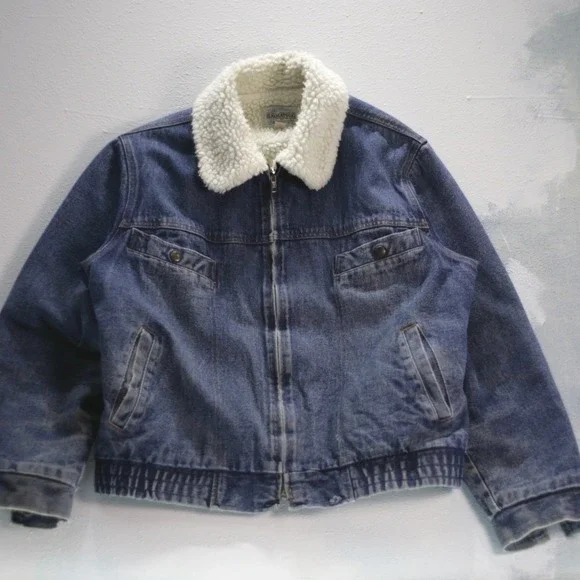 VTG Saugatuck Men XL Sherpa Jacket Dry Goods Denim Trucker 42 Zip Up Bomber Coat